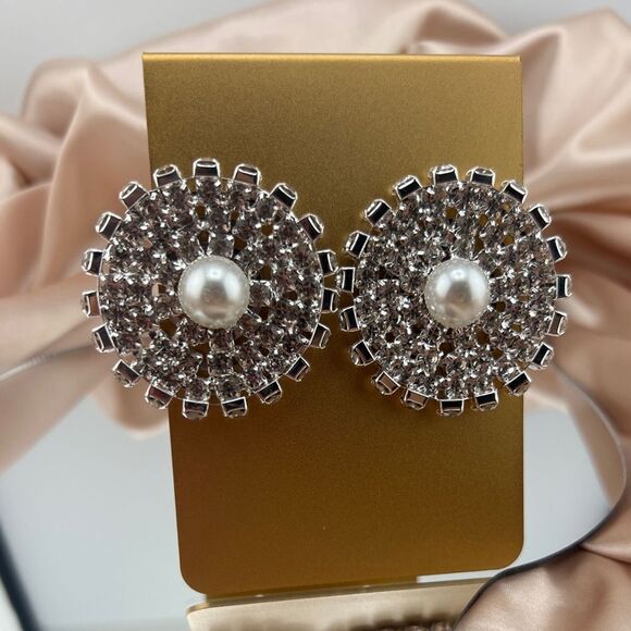 Silver Crystal and Pearl Round Statement Earrings - Picture 7 of 7